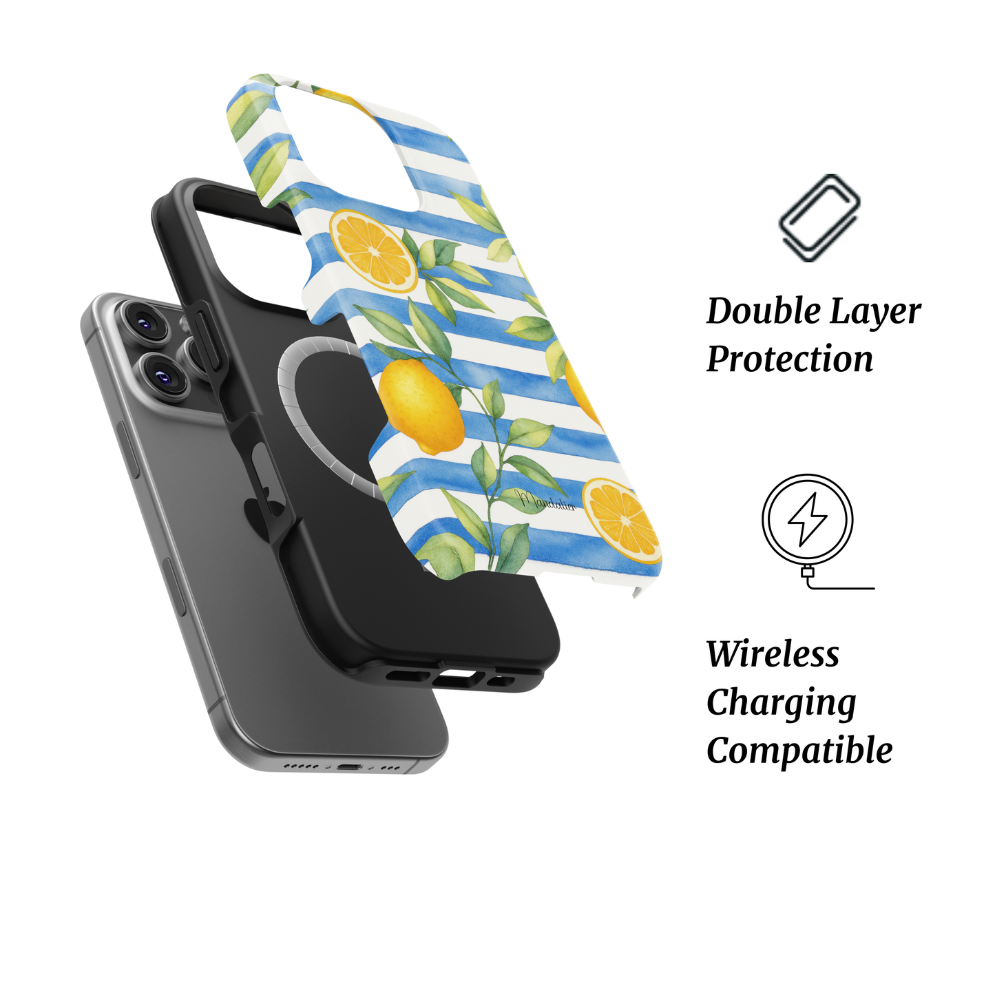 MagSafe Tough Phone Case Blue Citrus Charm from Lemon Luxe Collection, blue marble and citrus-inspired design, designed in Malta.