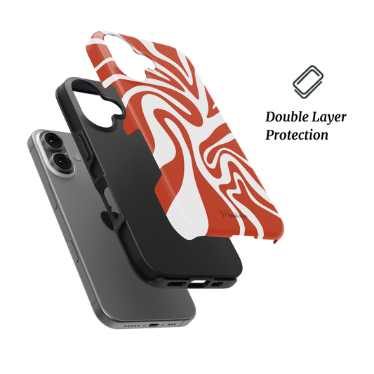 Poppy Burst tough phone case by Mandalier from the Seasonal Flow Collection, featuring glossy coral and blush flowing abstract patterns.
