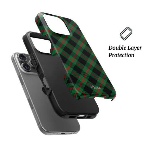 Emerald Plaid phone case by Mandalier — deep green Scottish tartan on premium dual-layer protective case.