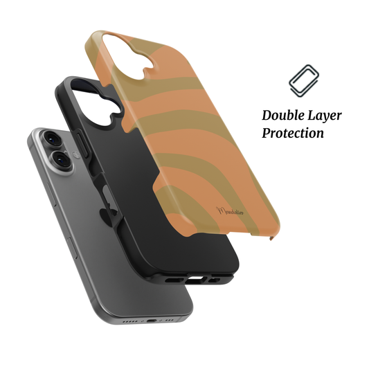 Golden Amber tough phone case by Mandalier from the Seasonal Flow Collection, featuring glossy caramel and honey-toned flowing abstract swirls.