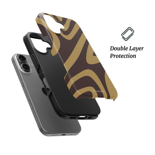 Mocha Mirage tough phone case by Mandalier from the Seasonal Flow Collection, featuring glossy brown and golden caramel abstract flowing patterns.