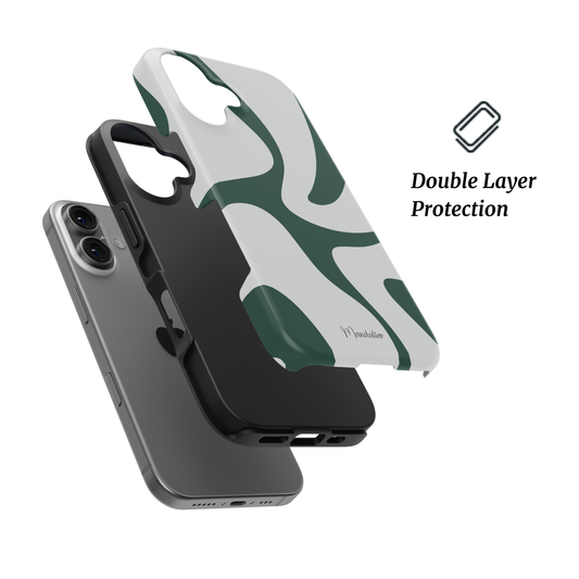 Mystic Forest tough phone case by Mandalier from the Seasonal Flow Collection, featuring glossy emerald and sage green abstract flowing patterns.