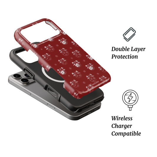 Crimson Cheer MagSafe Tough Phone Case by Mandalier — festive red dual-layer iPhone case with MagSafe compatibility and holiday design.