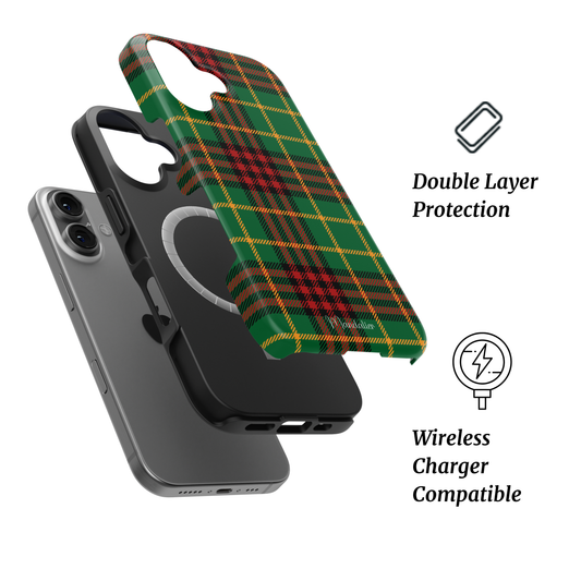 Mandalier MagSafe Tough Phone Case in Highland Holiday — red and green Scottish tartan pattern with glossy finish, designed in Malta.