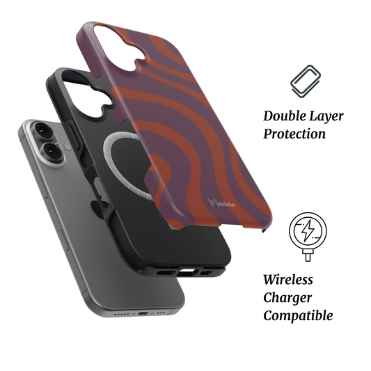 MagSafe Tough Phone Case Fig & Flame by Mandalier from the Seasonal Flow Collection, featuring glossy maroon and burnt orange flowing patterns, designed for iPhones.