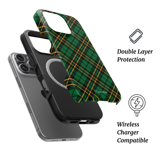 Mandalier MagSafe Tough Phone Case in Highland Green — deep green Scottish tartan pattern with glossy finish, designed in Malta.
