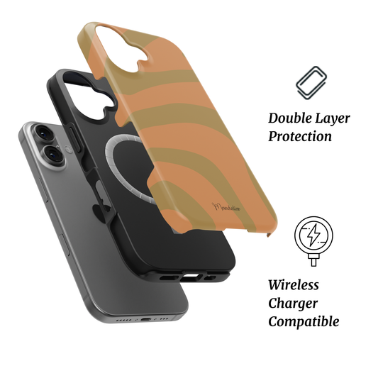 Golden Amber MagSafe tough iPhone case by Mandalier from the Seasonal Flow Collection, featuring glossy caramel and honey-toned flowing patterns.
