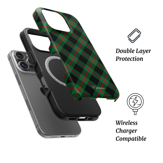 Mandalier MagSafe Tough Phone Case in Emerald Plaid — premium green and black tartan pattern with glossy finish, designed in Malta.