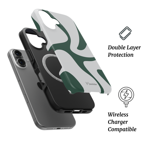 Mystic Forest MagSafe tough iPhone case by Mandalier from the Seasonal Flow Collection, featuring glossy emerald and sage green flowing abstract design.
