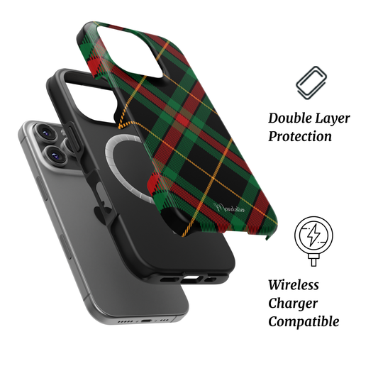 Mandalier MagSafe Tough Phone Case in Yule Tartan — festive red and green Scottish plaid with glossy finish, designed in Malta.