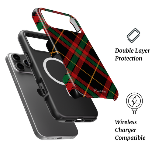 Mandalier MagSafe Tough Phone Case in Highland Night Plaid — dark navy and black Scottish tartan pattern with glossy finish, designed in Malta.