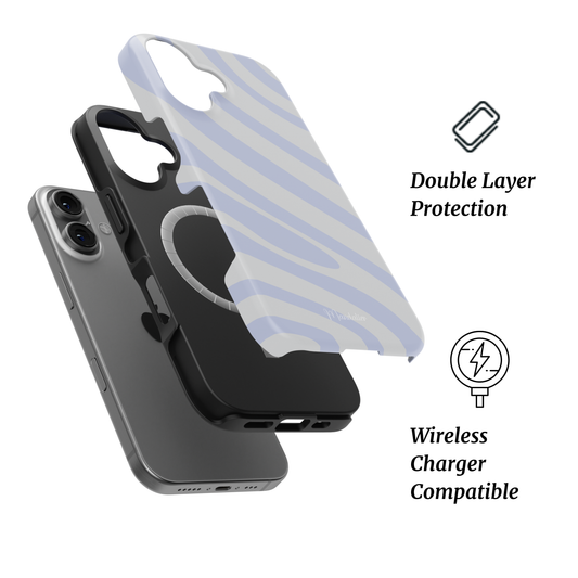 Lavender Frost MagSafe tough iPhone case by Mandalier from the Seasonal Flow Collection, featuring glossy lavender and cream abstract flowing design.