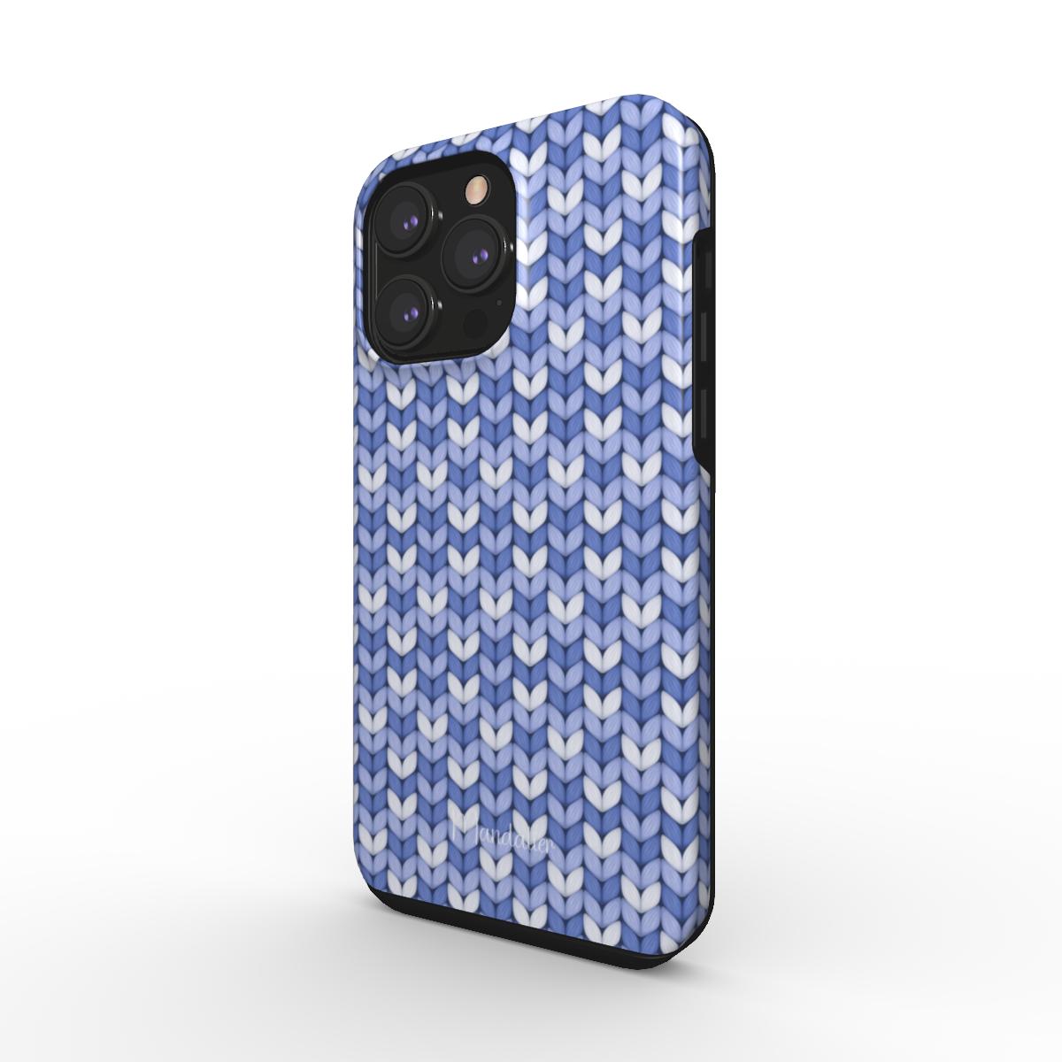 Tough Phone Case in Arctic Threads with a blue and white knit-inspired design for a cozy, winter-ready look.
