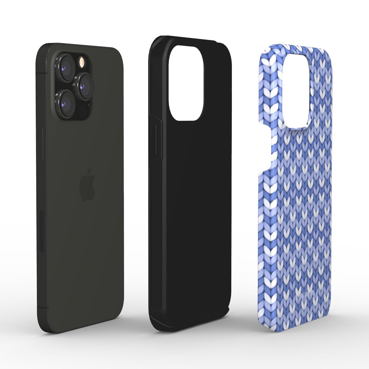 Arctic Threads Tough Phone Case featuring a detailed blue and white knit pattern, combining seasonal style with durable phone protection.