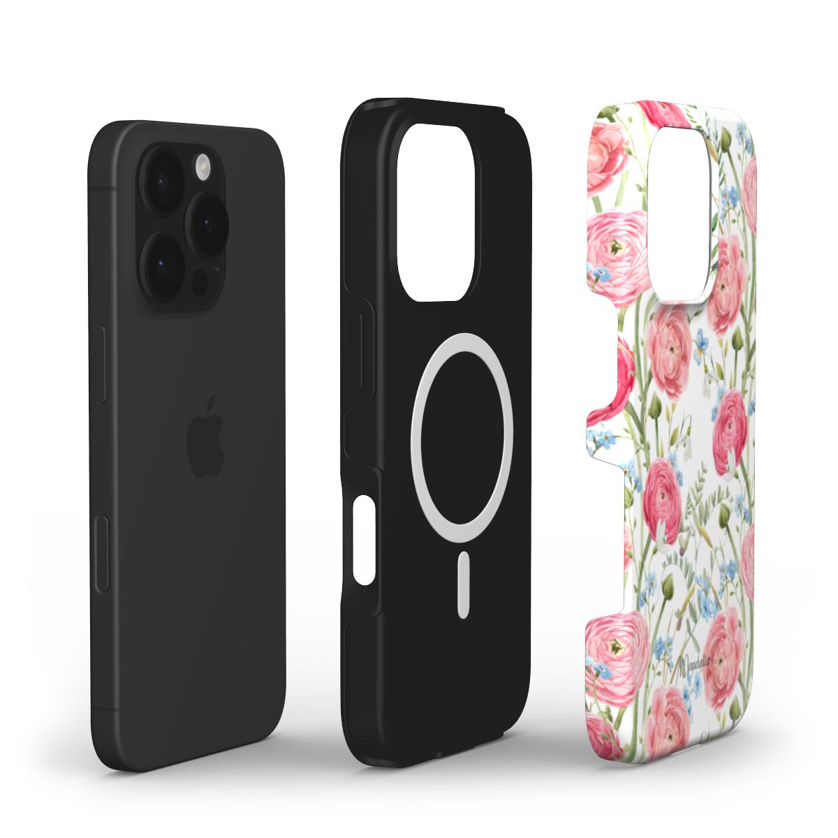 Pink Floral Elegance MagSafe Tough Phone Case featuring soft pink flowers for stylish, durable protection.