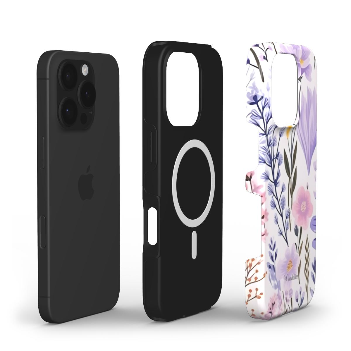Purple Meadow MagSafe Tough Phone Case with a soft purple flower pattern, blending stylish design with durable protection.