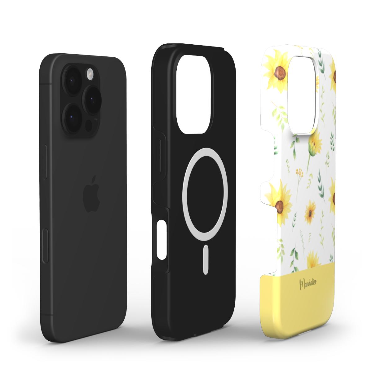 Sunflower Bliss MagSafe Tough Phone Case in use, showcasing vibrant floral charm and robust phone protection.
