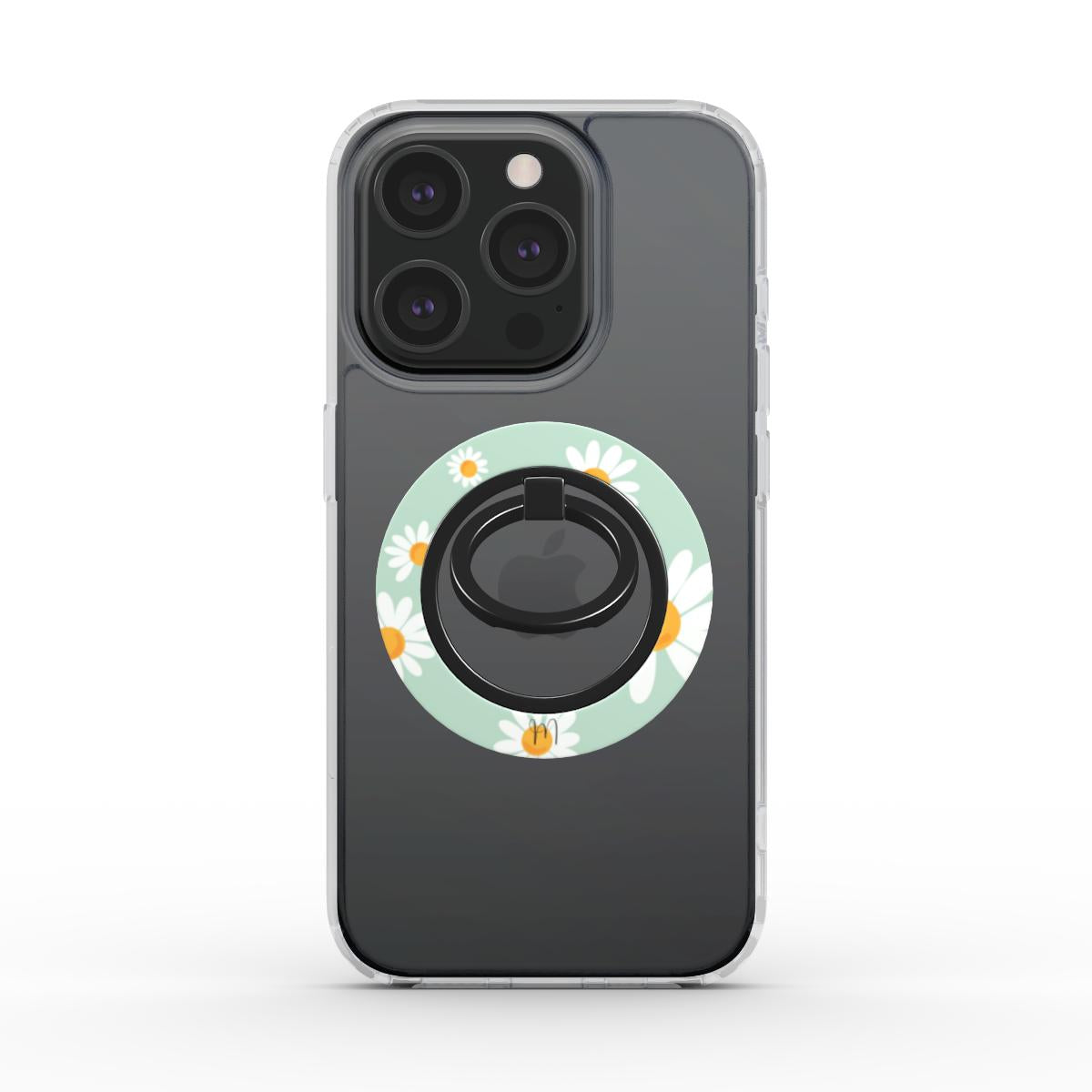 Daisy Delight Ring Holder attached to a phone, showcasing its cheerful daisy design and ergonomic functionality.