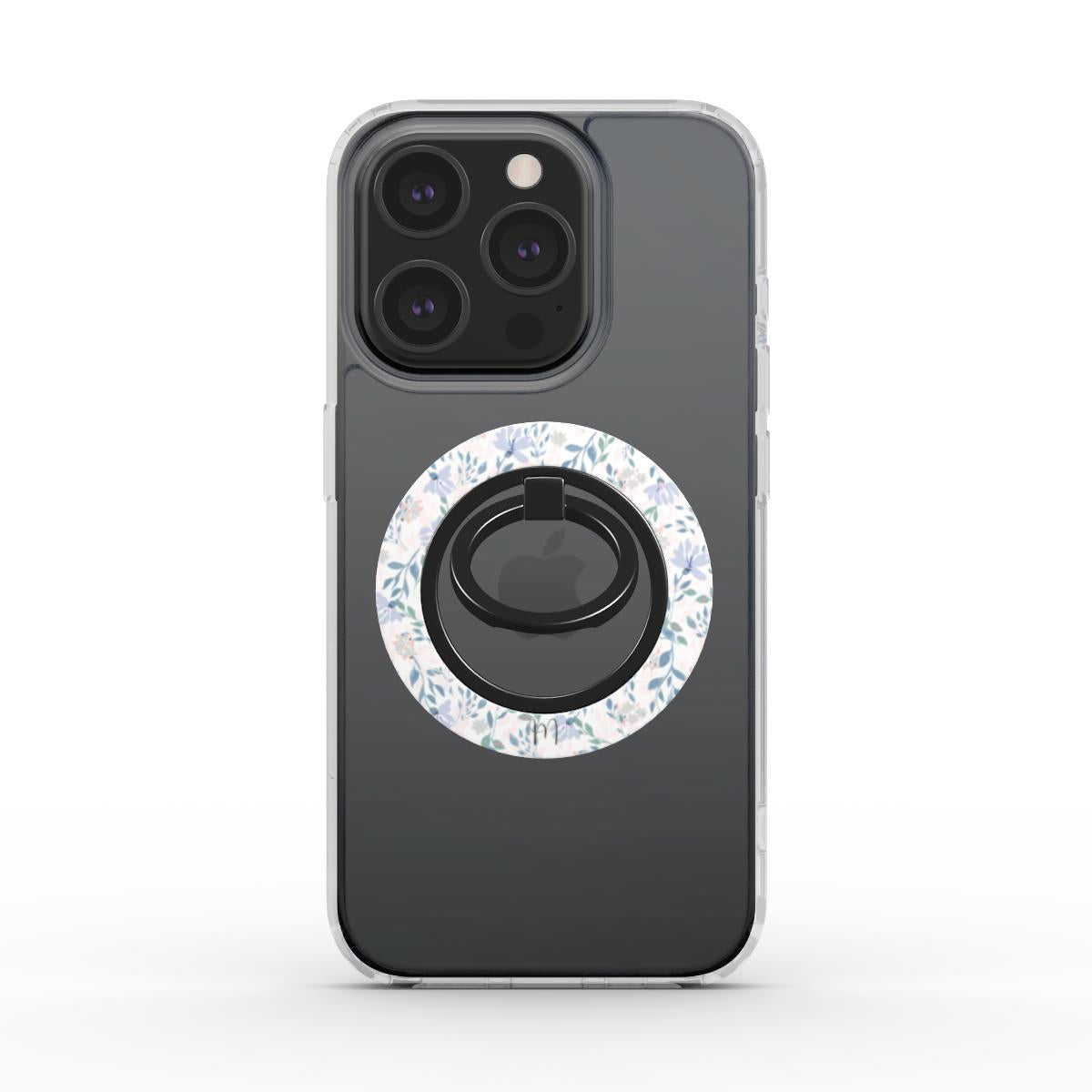 Delicate Flower Ring Holder attached to a phone, highlighting its elegant floral design and ergonomic grip.