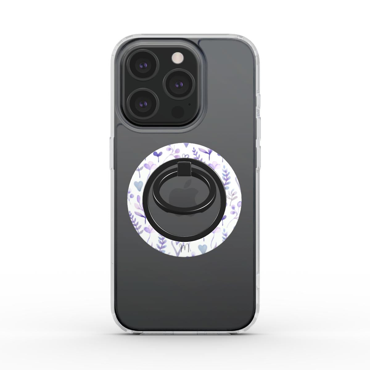 Purple Bloom Ring Holder attached to a phone, showcasing its bold floral design and ergonomic grip.