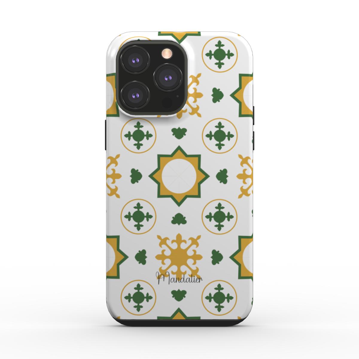 Tough Phone Case with Maduma Xemxija design, featuring intricate coastal-inspired patterns in warm, radiant tones.