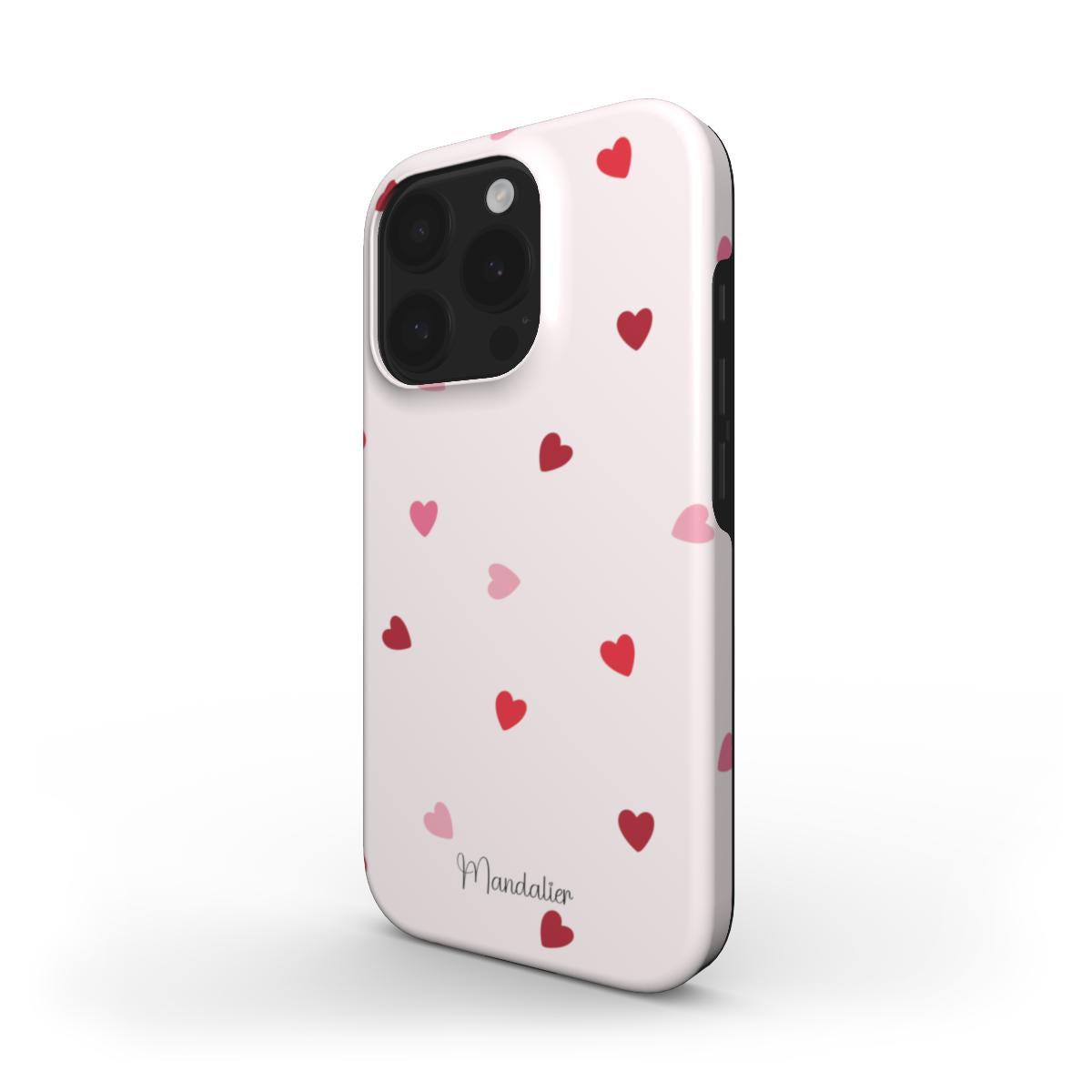 Durable dual-layer MagSafe case featuring vibrant hearts and a glossy finish.