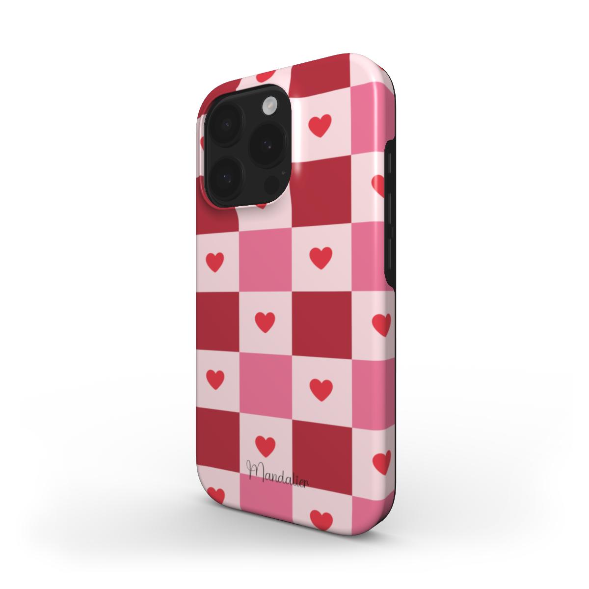 Phone with Sweetheart Squares MagSafe case, showcasing its stylish and protective features.