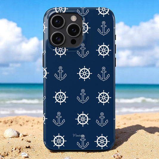 Tough phone case with nautical anchor and helm design in navy and white tones.