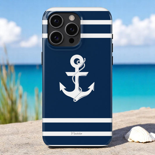 Tough phone case featuring navy blue and white nautical anchor lines design.