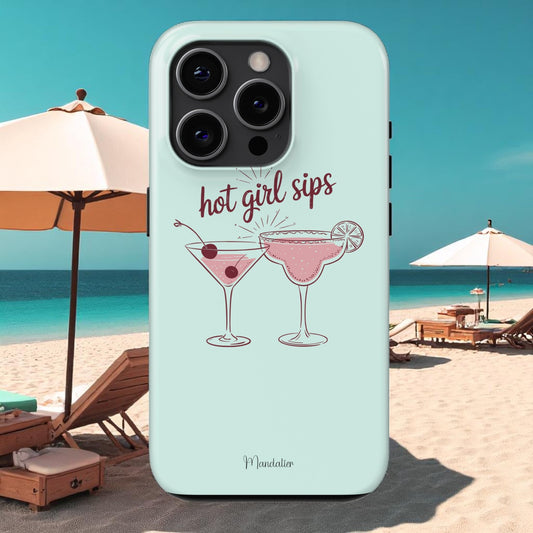 Glossy “Hot Girl Sips” phone case by Mandalier in pink tones, designed in Malta for bold, stylish personalities.