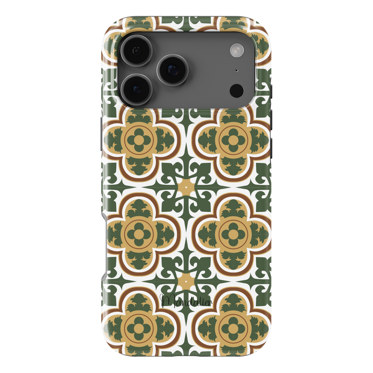 Maduma Eleganti phone case by Mandalier featuring elegant Maltese tile-inspired geometric and floral design, understated palette, glossy finish, available in MagSafe and tough dual-layer protective options