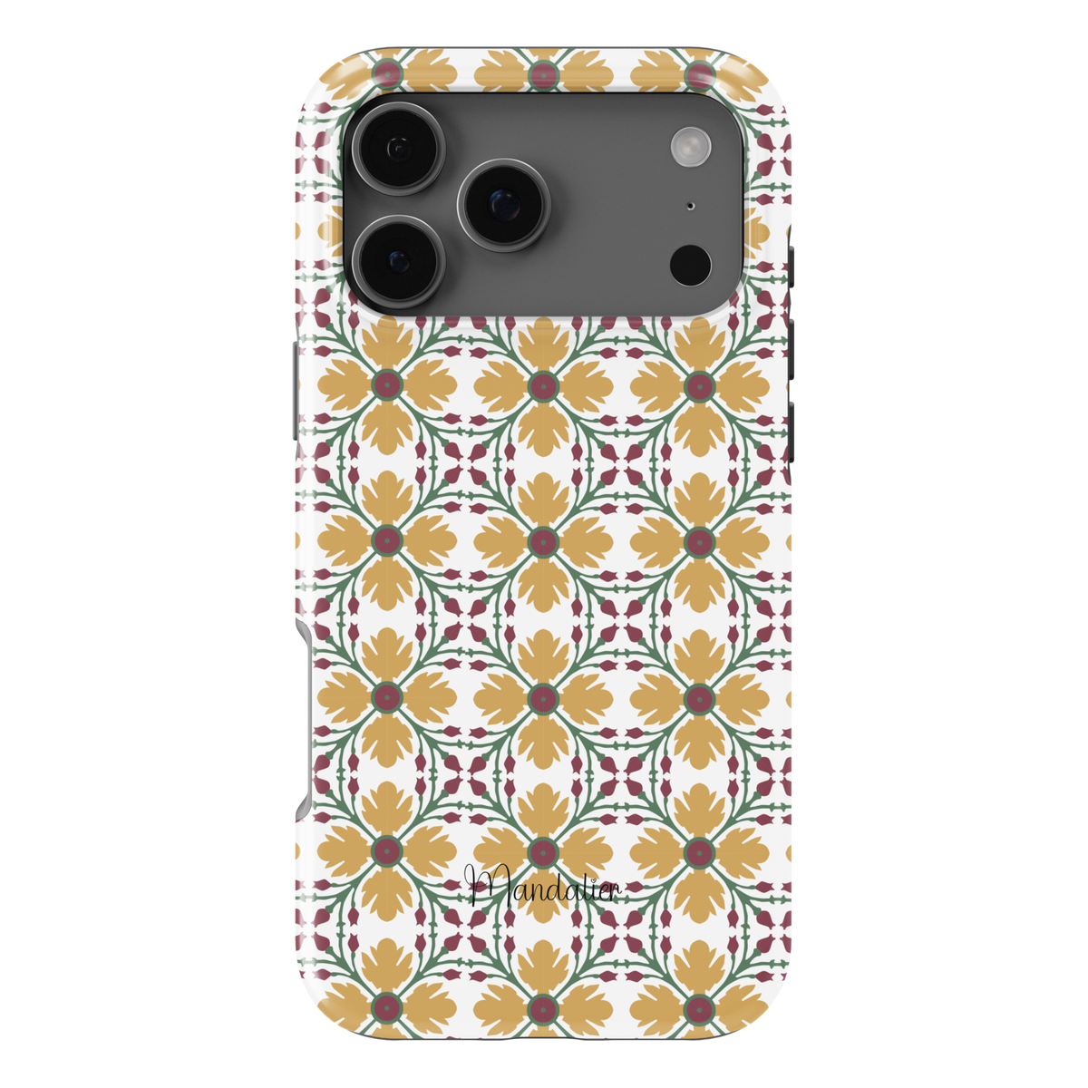Maduma Lellux phone case by Mandalier with Maltese tile-inspired pattern in warm yellow tones, glossy finish, available in MagSafe and tough dual-layer protective options