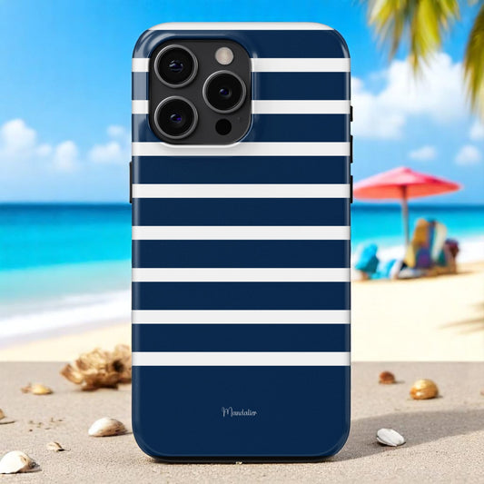 Tough phone case featuring bold blue and white nautical line pattern.