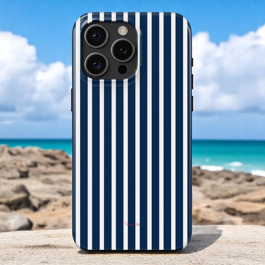 Tough phone case with classic navy and white nautical stripe design.
