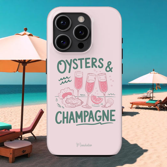 Glossy tough phone case “Oysters & Champagne” by Mandalier in neutral tones with subtle shimmer, designed in Malta.