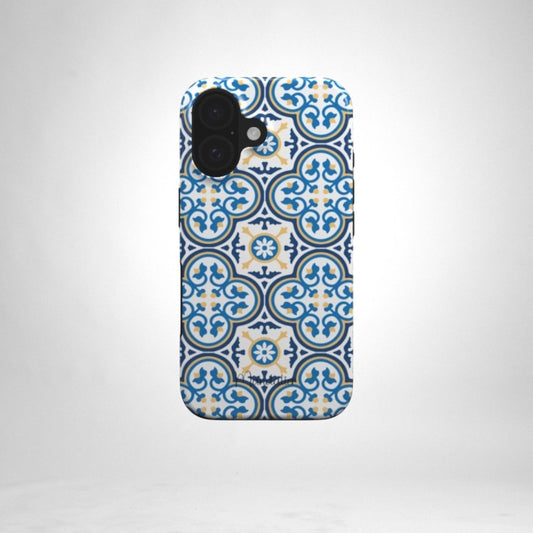 A sleek Tough Phone Case featuring the Maduma Fjura Blu design, elegantly protecting a phone in a modern setting.