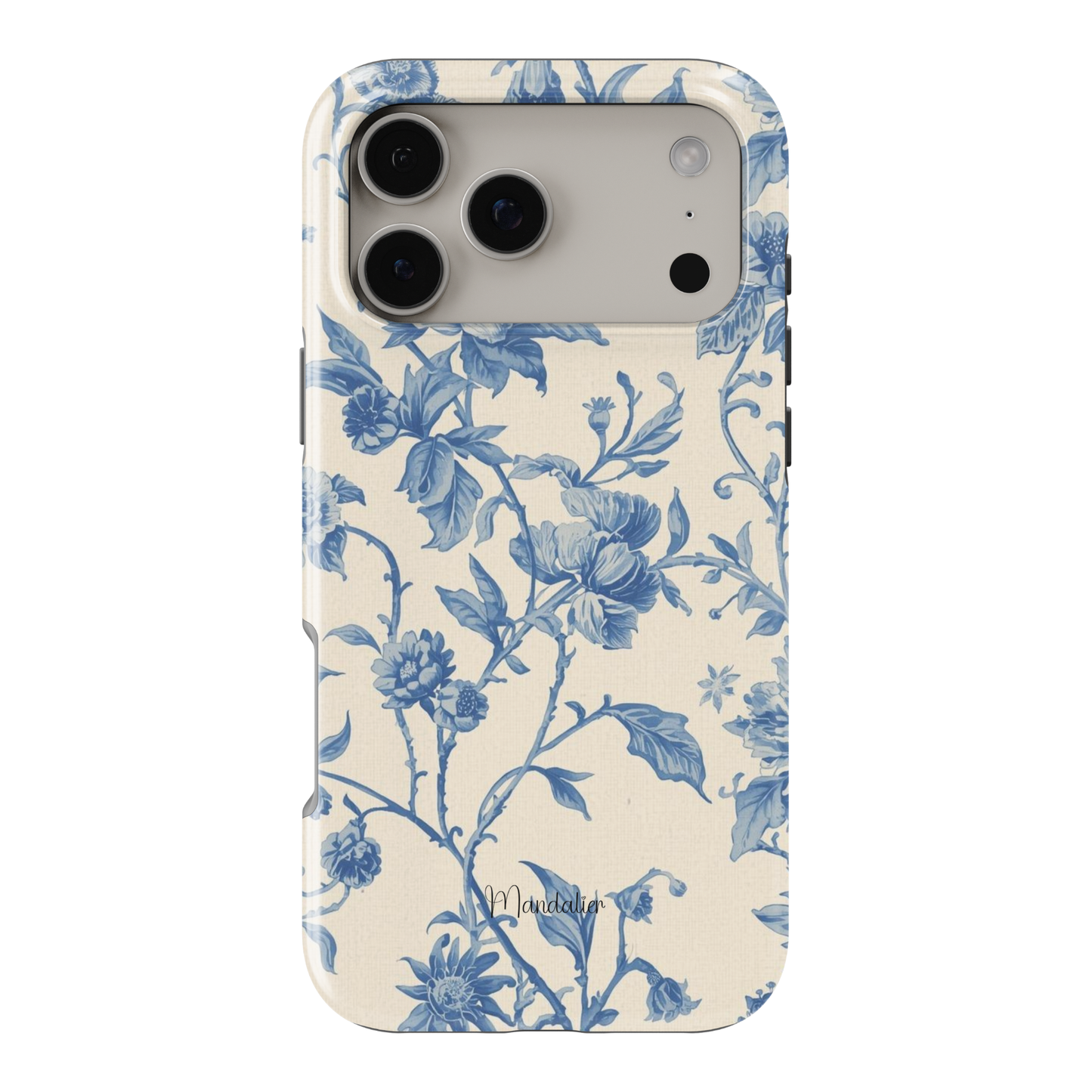 Phone Case Blue Toile with intricate blue floral pattern, premium protective phone case designed in Malta