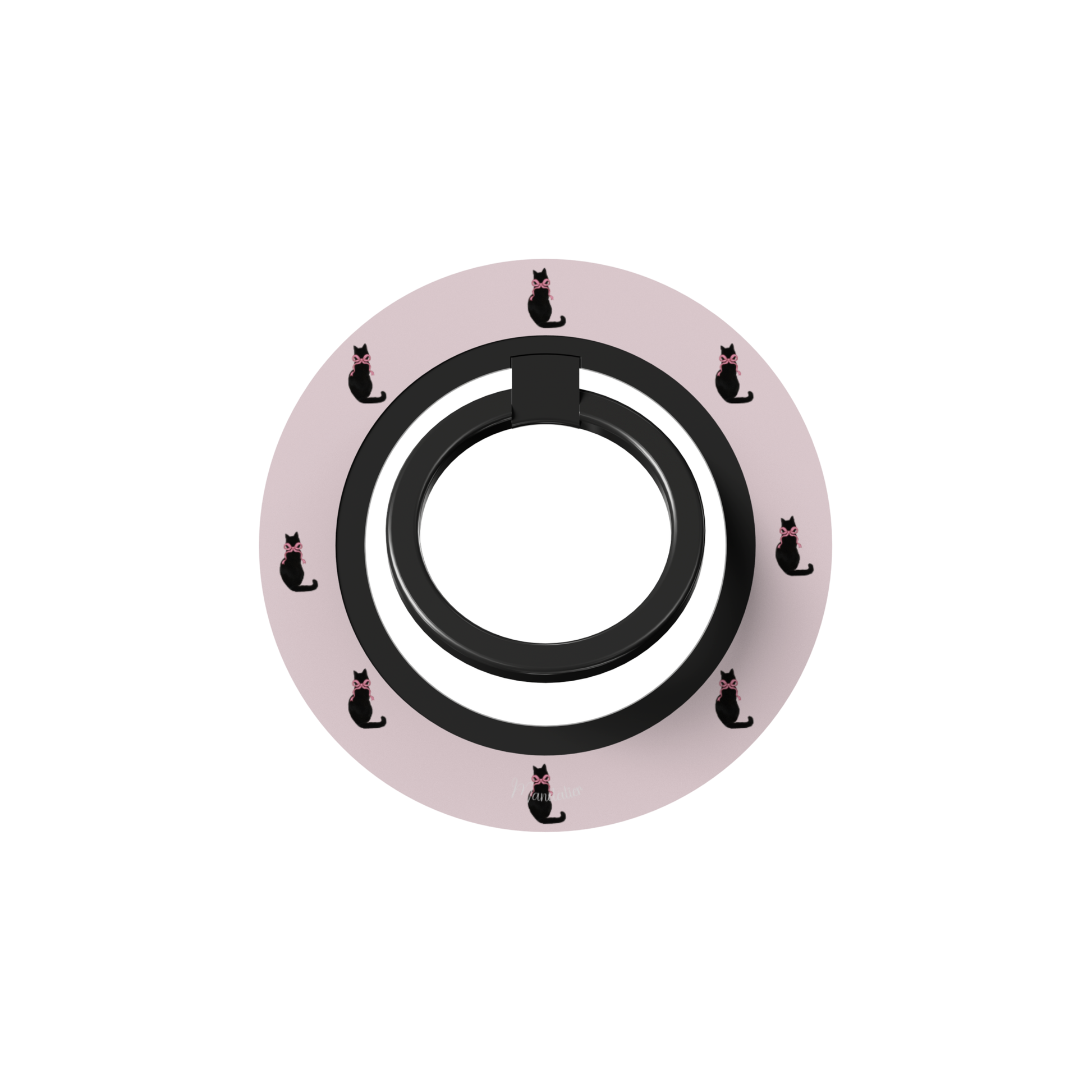 Ring Holder Midnight Whiskers with black cats wearing pink bows on pink background, slim phone ring holder designed in Malta