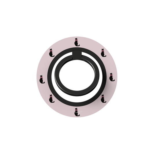Ring Holder Midnight Whiskers with black cats wearing pink bows on pink background, slim phone ring holder designed in Malta