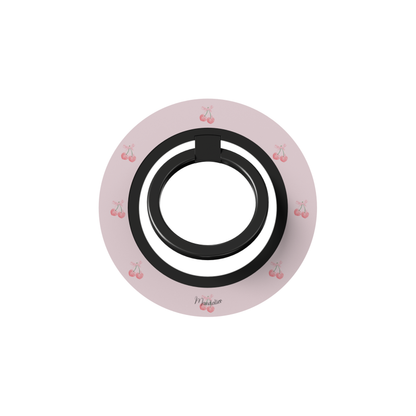 Ring Holder Cherry Charm with pink cherry design and bow details, slim phone ring holder designed in Malta