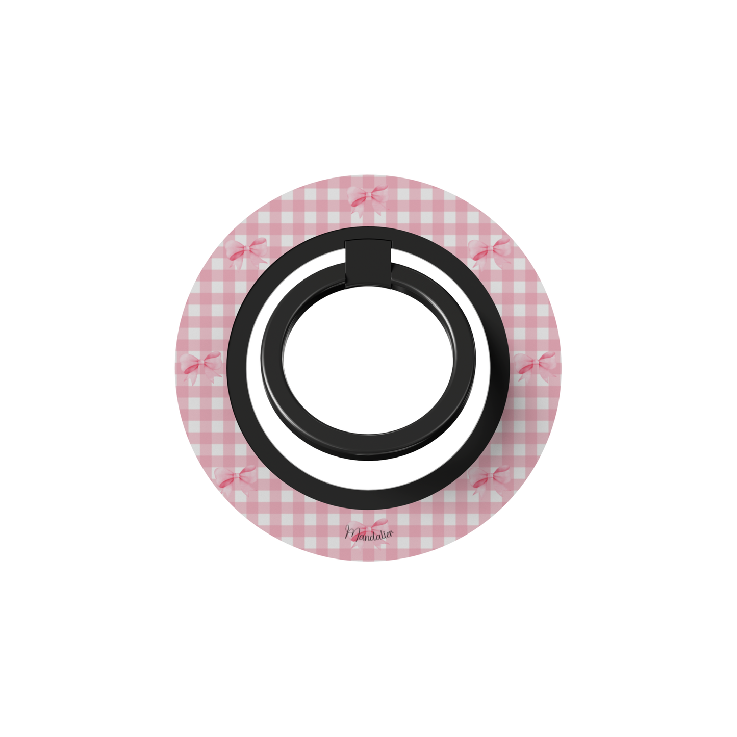 Pink gingham-patterned ring holder for phone with a black center on a white background