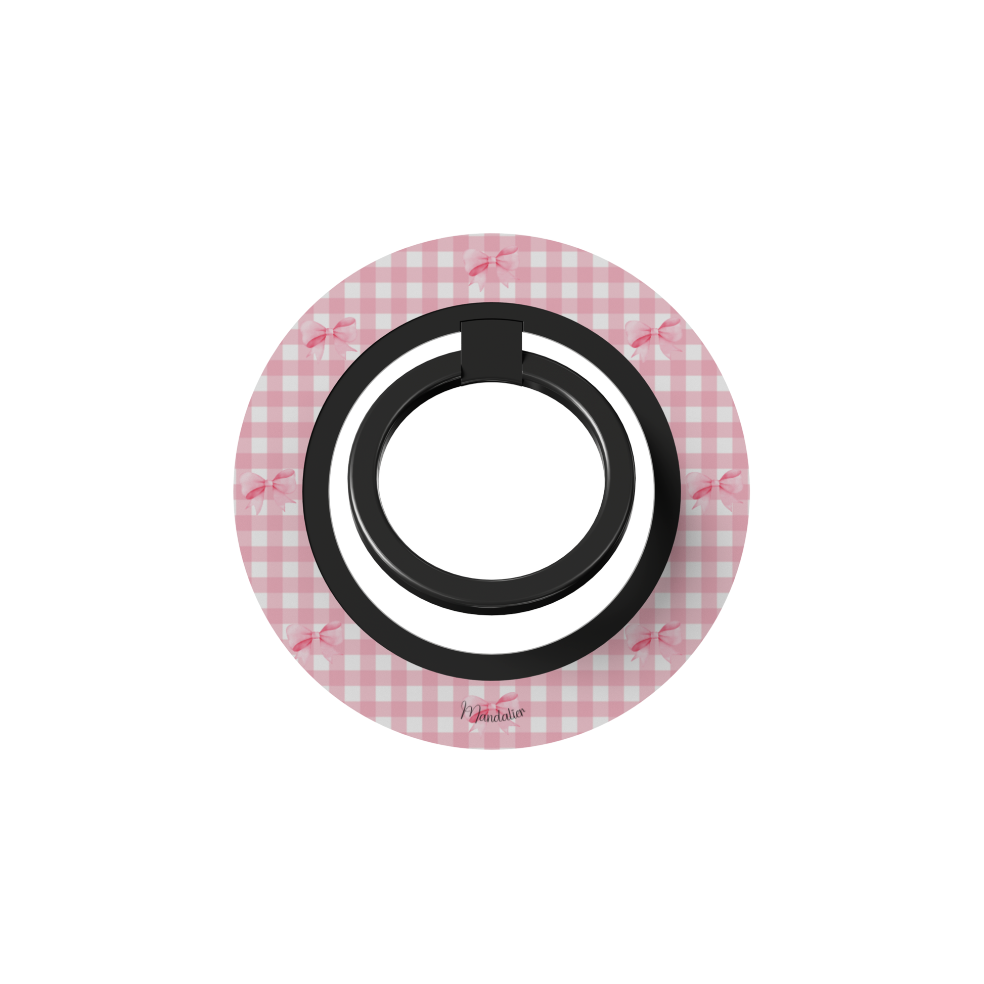 Pink gingham-patterned ring holder for phone with a black center on a white background