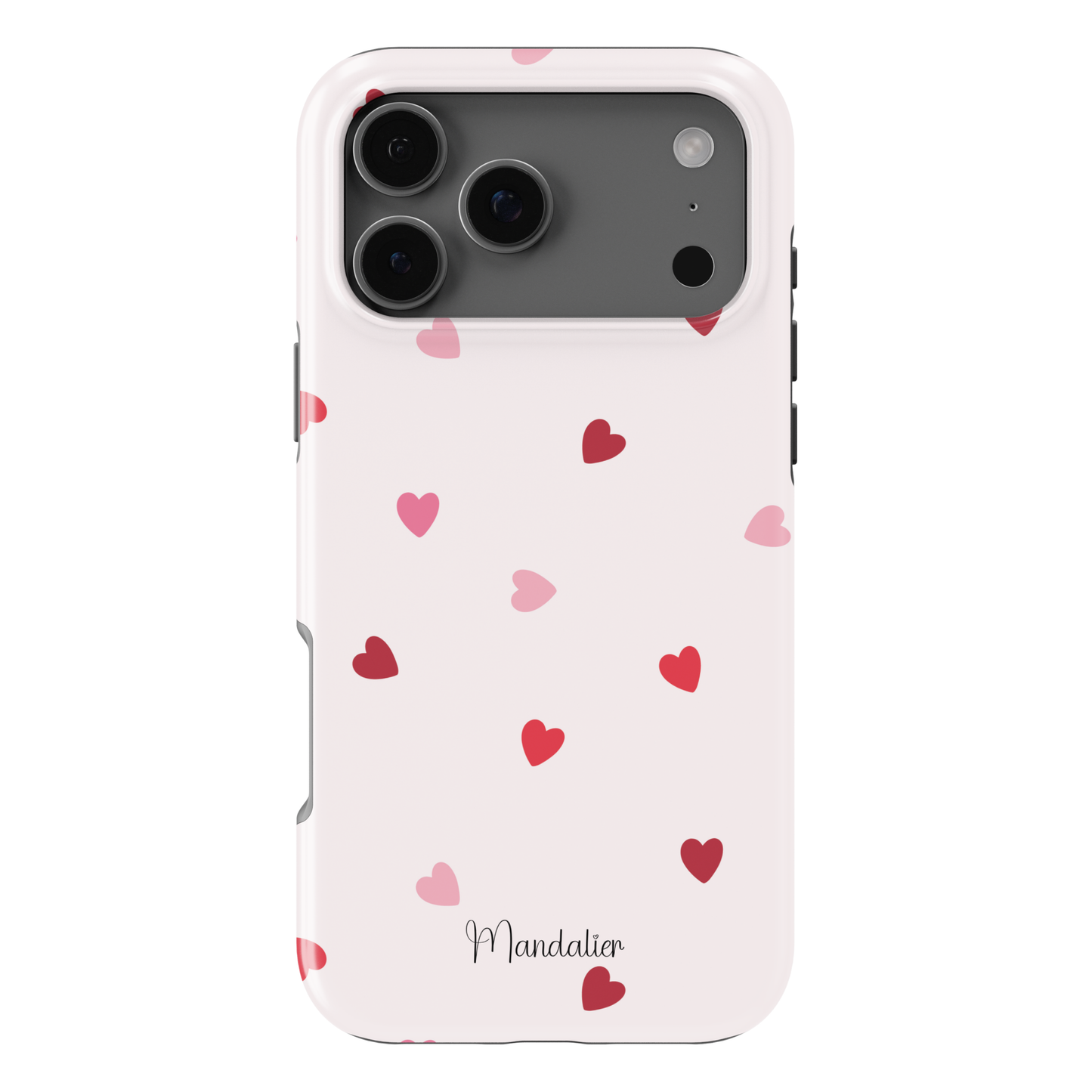 Sprinkled Hearts phone case with scattered heart print design, glossy finish, dual-layer shock-absorbing protection, available in MagSafe and tough protective options