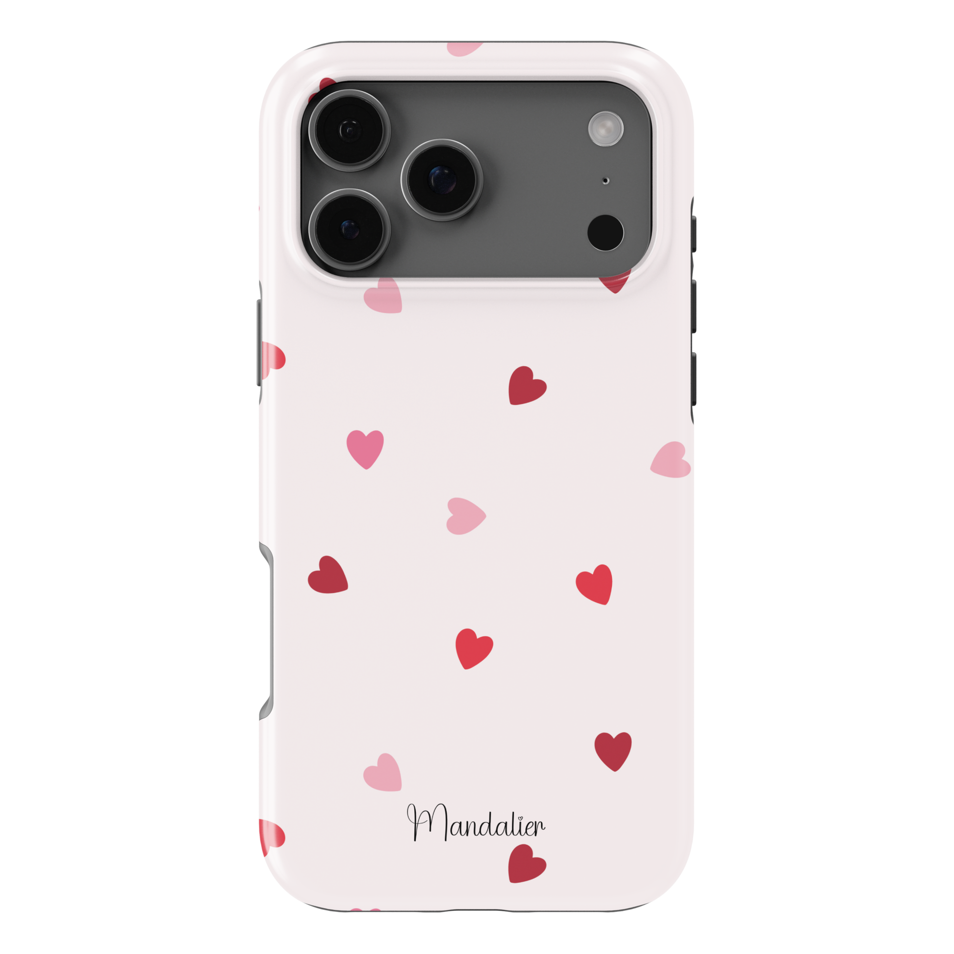 Sprinkled Hearts phone case with scattered heart print design, glossy finish, dual-layer shock-absorbing protection, available in MagSafe and tough protective options