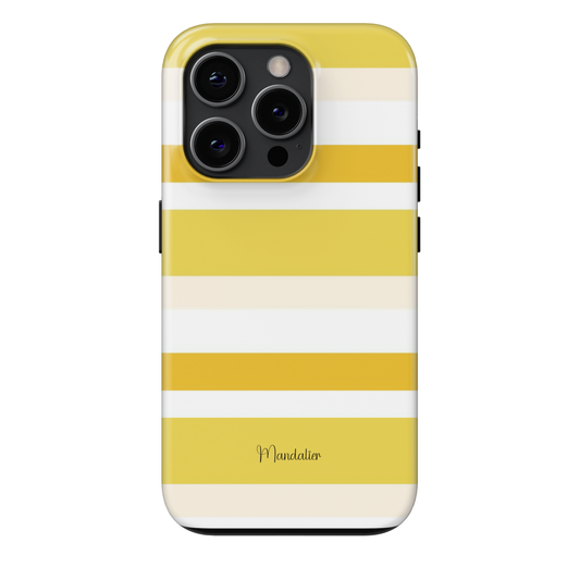 Golden Hours phone case with soft yellow and white linear accents, golden hour inspired minimal design, available in MagSafe and tough dual-layer protective options with glossy finish