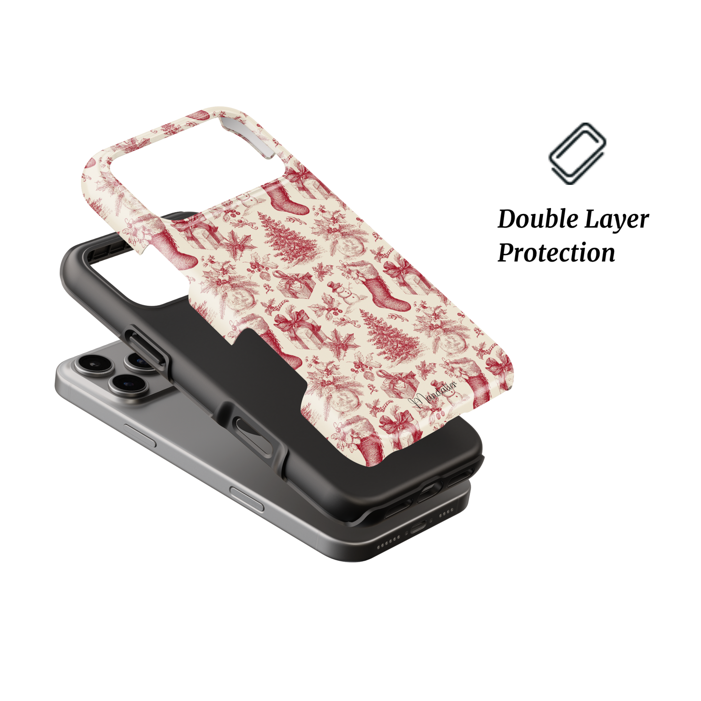 Toile Tidings Tough Phone Case by Mandalier — elegant holiday toile design in classic festive tones from the Classic Christmas Collection, featuring durable dual-layer protection.