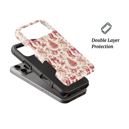 Toile Tidings Tough Phone Case by Mandalier — elegant holiday toile design in classic festive tones from the Classic Christmas Collection, featuring durable dual-layer protection.