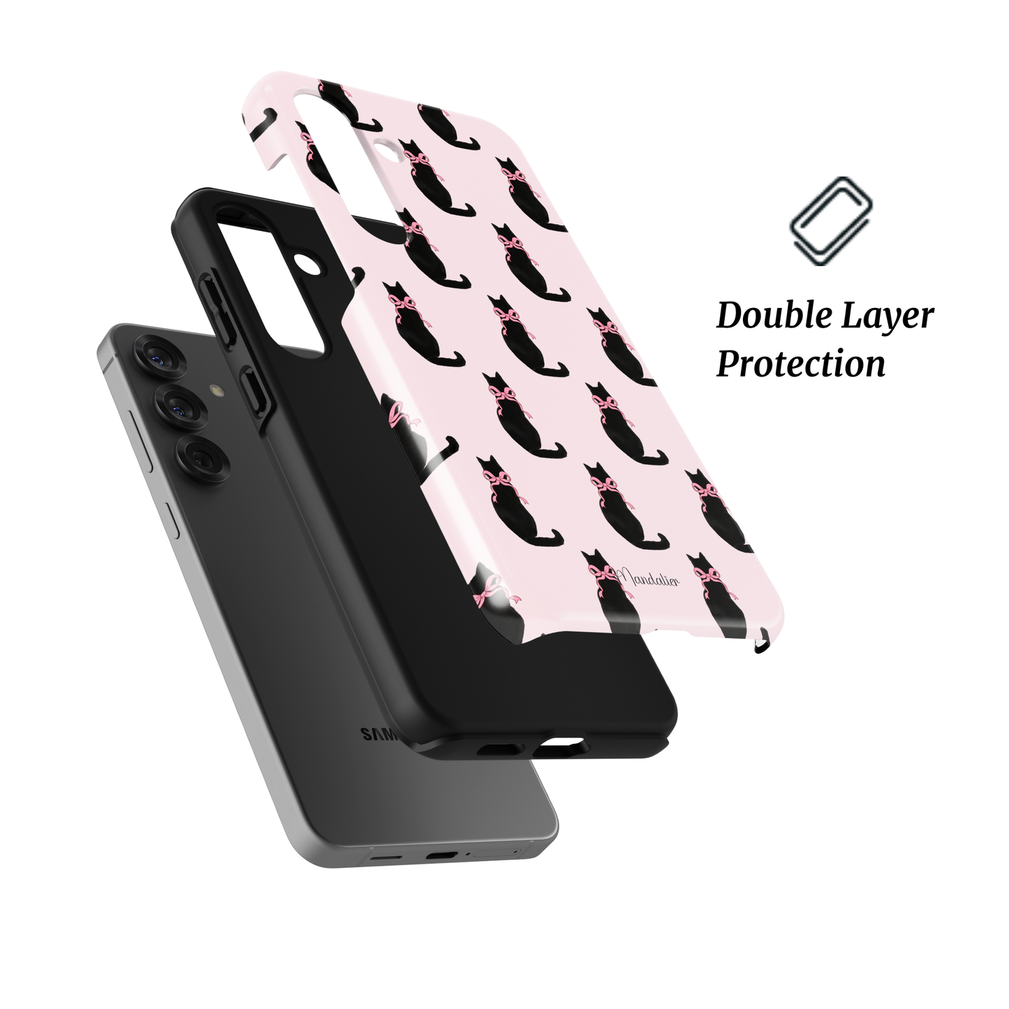 Tough Phone Case Midnight Whiskers with black cats wearing pink bows on pink background, premium protective phone case designed in Malta