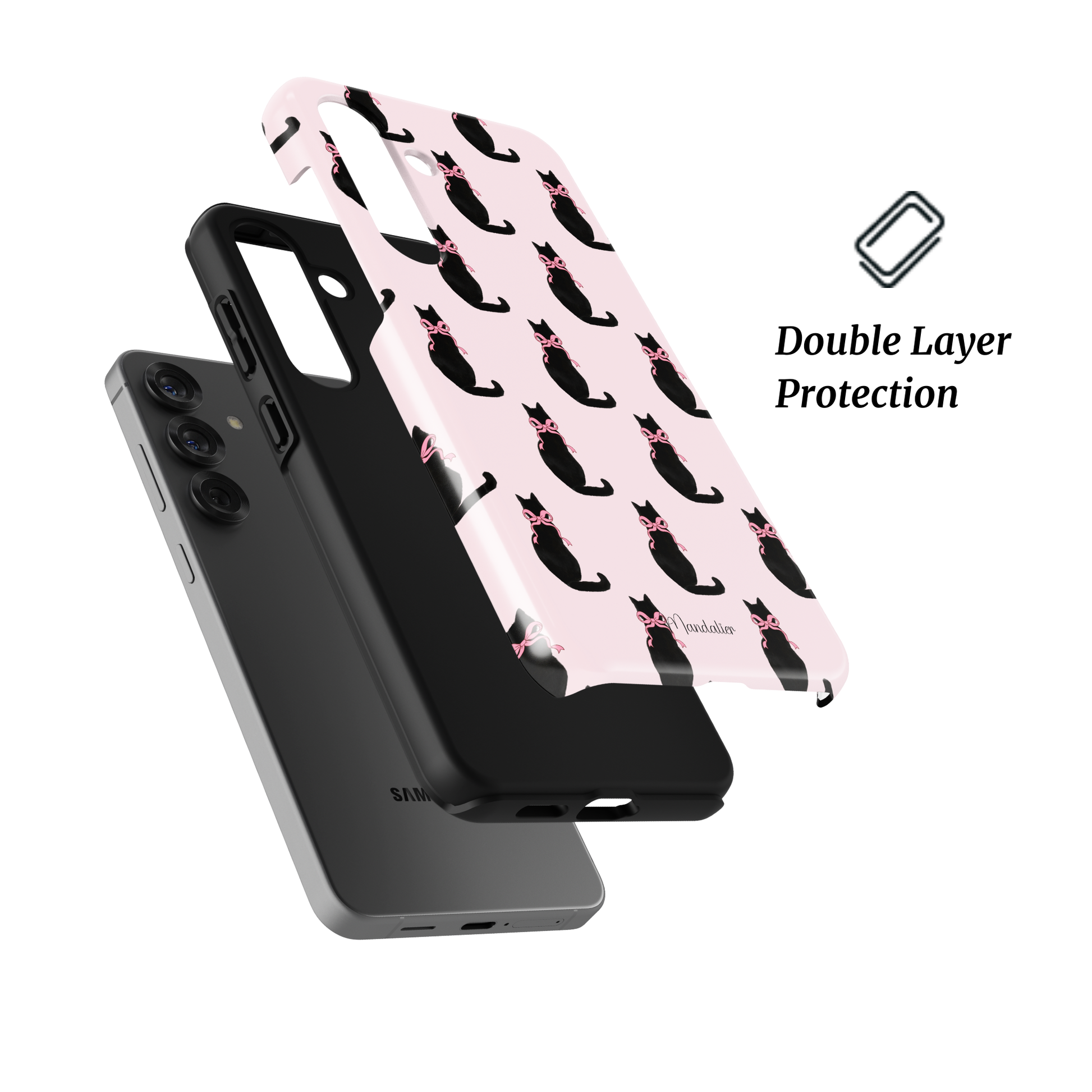 Tough Phone Case Midnight Whiskers with black cats wearing pink bows on pink background, premium protective phone case designed in Malta