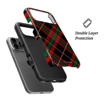 Holiday Night Plaid phone case by Mandalier — navy and green Scottish tartan pattern on tough protective case.